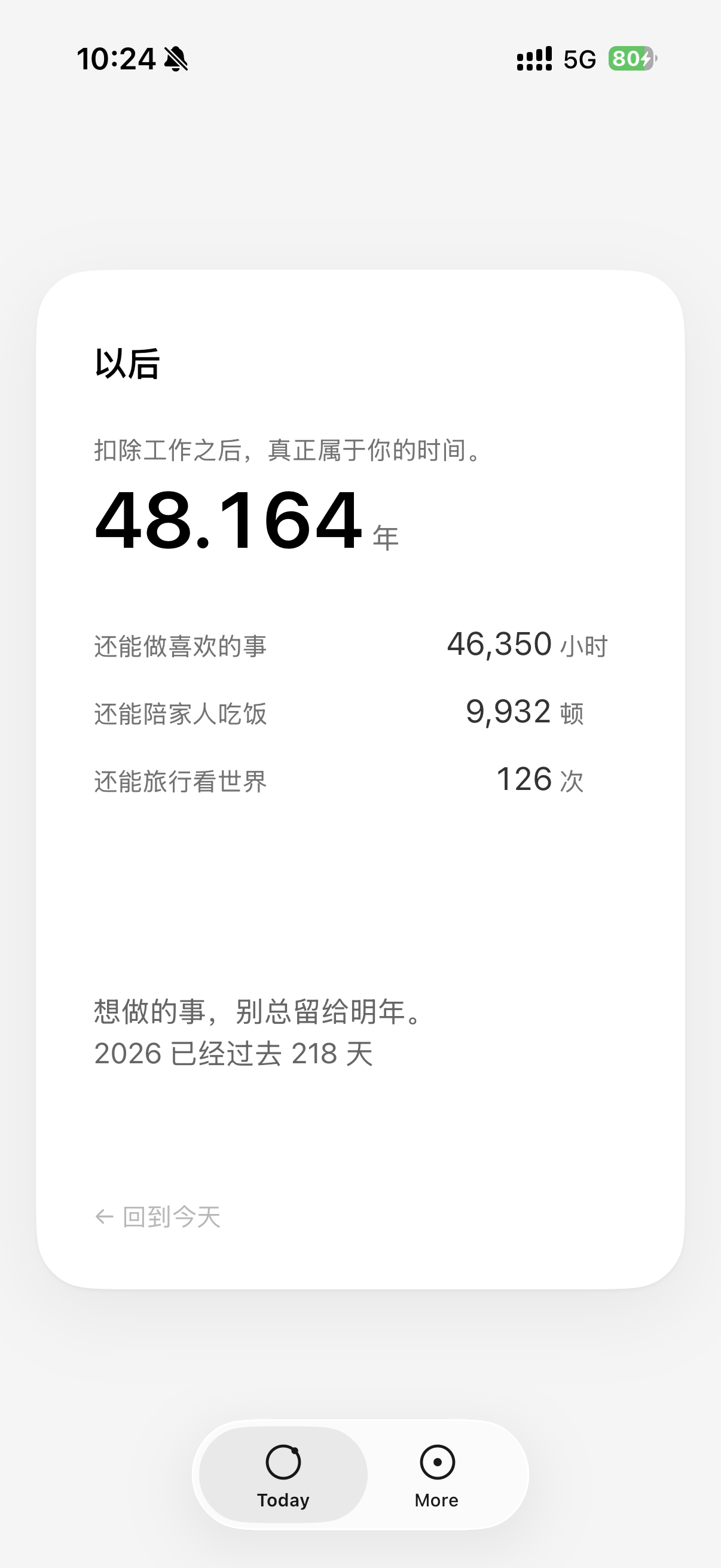 LifeBalance Life 页面截图，展示留给自己的时间和未来生活体验